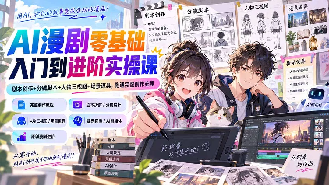 AI漫剧零基础入门到进阶实操课:剧本创作+分镜脚本+人物三视图+场景道具,跑通完整创作流程 AI漫剧零基础入门到进阶实操课:剧本创作+分镜脚本+人物三视图+场景道具,跑通完整创作流程