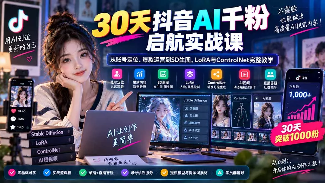 30天抖音AI千粉启航实战课:从账号定位、爆款运营到SD生图、LoRA与ControlNet完整教学 30天抖音AI千粉启航实战课:从账号定位、爆款运营到SD生图、LoRA与ControlNet完整教学