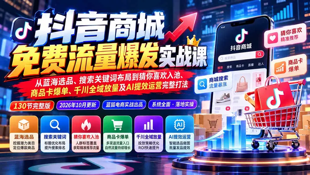 抖音商城免费流量爆发实战:从蓝海选品、搜索关键词布局到猜你喜欢入池、商品卡爆单、千川全域放量及AI提效完整打法-2爱1学习资源网-伴学无忧