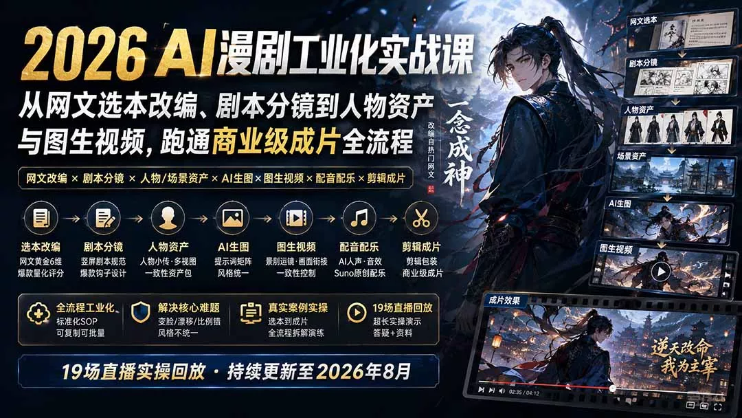 2026 AI漫剧工业化实战课-更新：从网文选本改编、剧本分镜到人物资产与图生视频，跑通商业级成片全流程-2爱1学习资源网-伴学无忧