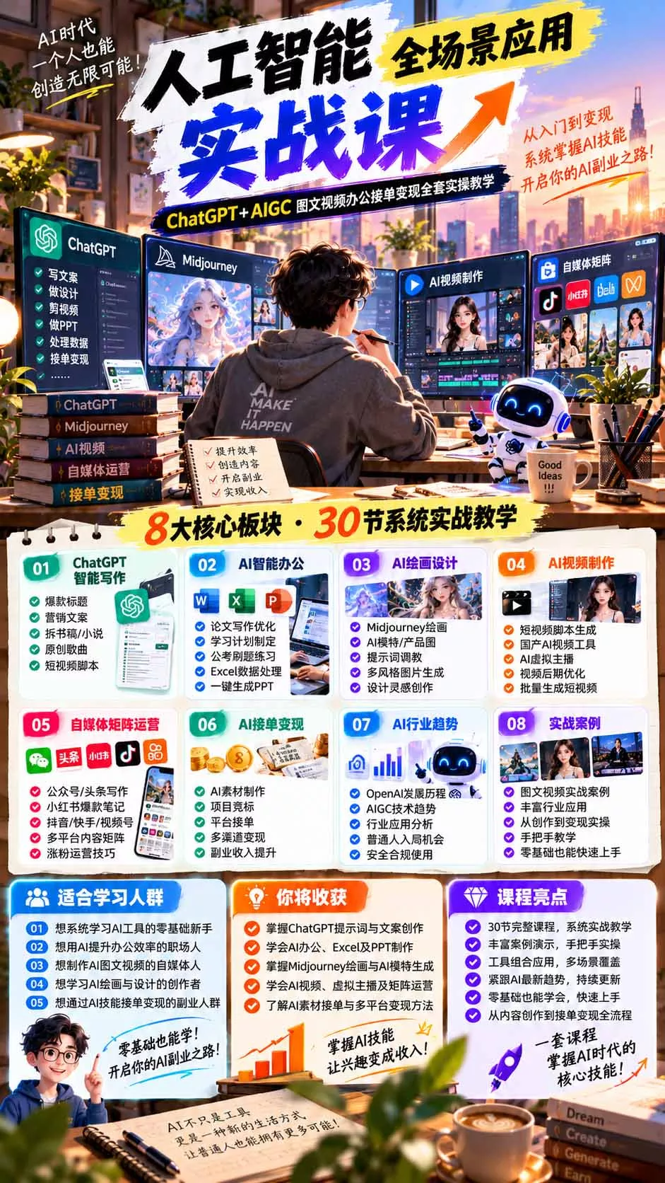 一个人掌握AI写作设计剪辑全套技能：从ChatGPT办公、AI绘画到虚拟主播、自媒体运营及接单变现-2爱1学习资源网-伴学无忧