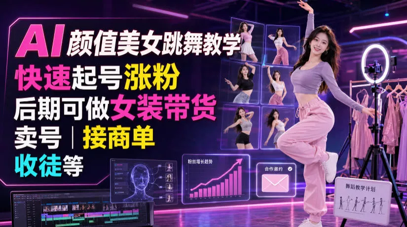 AI颜值美女跳舞教学，快速起号涨粉，后期可做女装带货，卖号，接商单，收徒等