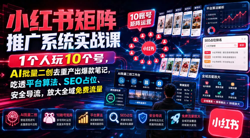 小红书矩阵推广系统实战课|1个人玩10个号,AI批量二创去重产出爆款笔记,吃透平台算法、SEO占位、安全导流,放大全域免费流量-2爱1学习资源网-伴学无忧