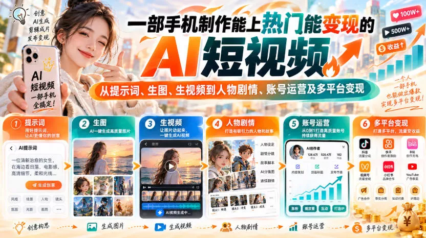 【无水印】一部手机制作能上热门能变现的AI短视频，从提示词、生图、生视频到人物剧情、账号运营及多平台变现-2爱1学习资源网-伴学无忧