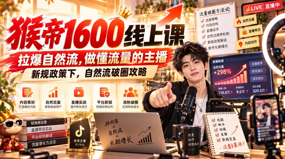 猴帝1600线上课，拉爆自然流，做懂流量的主播，新规政策下，自然流破圈攻略【更新261017】-2爱1学习资源网-伴学无忧