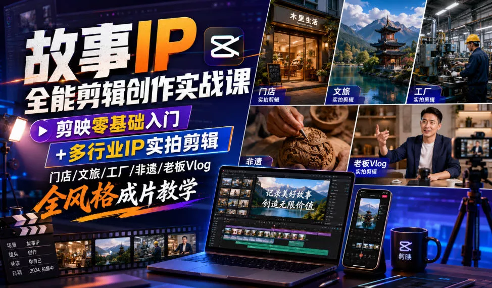 故事IP全能剪辑创作实战课｜剪映零基础入门+多行业IP实拍剪辑，门店/文旅/工厂/非遗/老板Vlog全风格成片教学-2爱1学习资源网-伴学无忧
