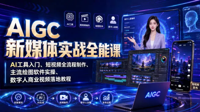 AIGC新媒体实战全能课｜AI工具入门、短视频全流程制作、主流绘图软件实操、数字人商业视频落地教程-2爱1学习资源网-伴学无忧