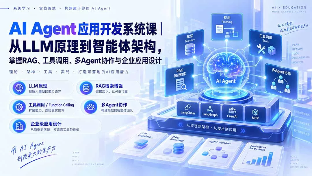 AI Agent应用开发系统课-179节｜从LLM原理到智能体架构，掌握RAG、工具调用、多Agent协作与企业应用设计-2爱1学习资源网-伴学无忧