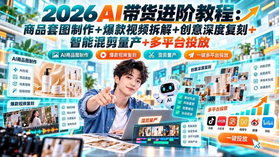 2026AI带货进阶教程：商品套图制作+爆款视频拆解+创意深度复刻+智能混剪量产+多平台投放-2爱1学习资源网-伴学无忧