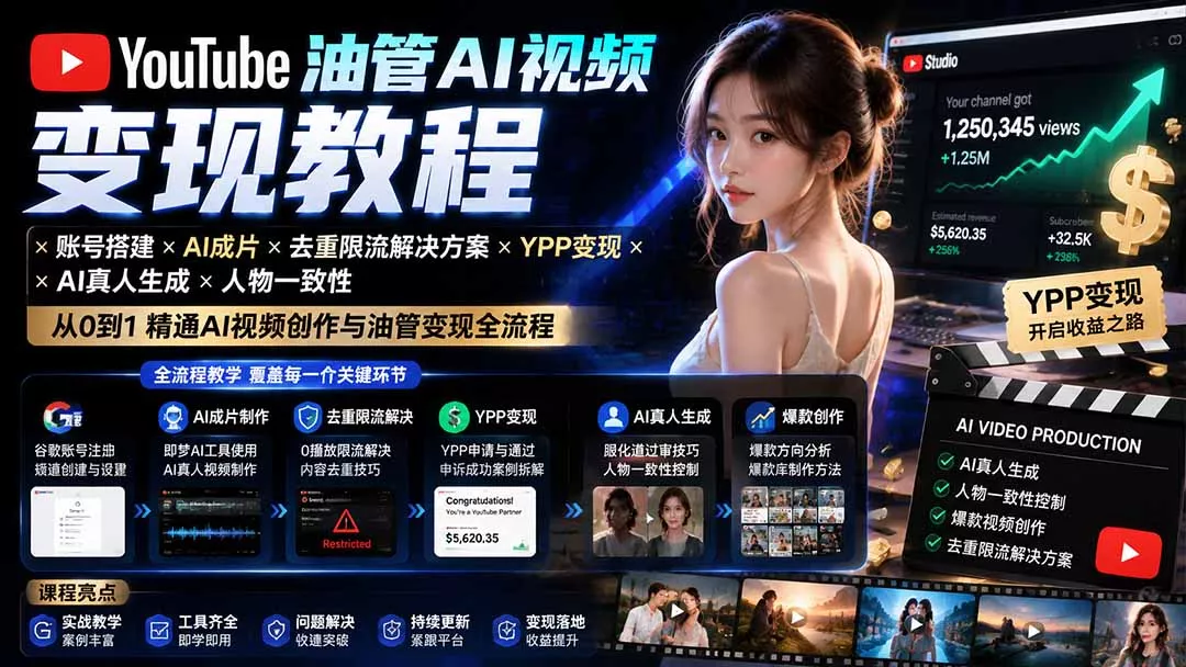YouTube油管AI视频变现教程：账号搭建×AI成片×去重限流解决方案×YPP变现×AI真人生成×人物一致性