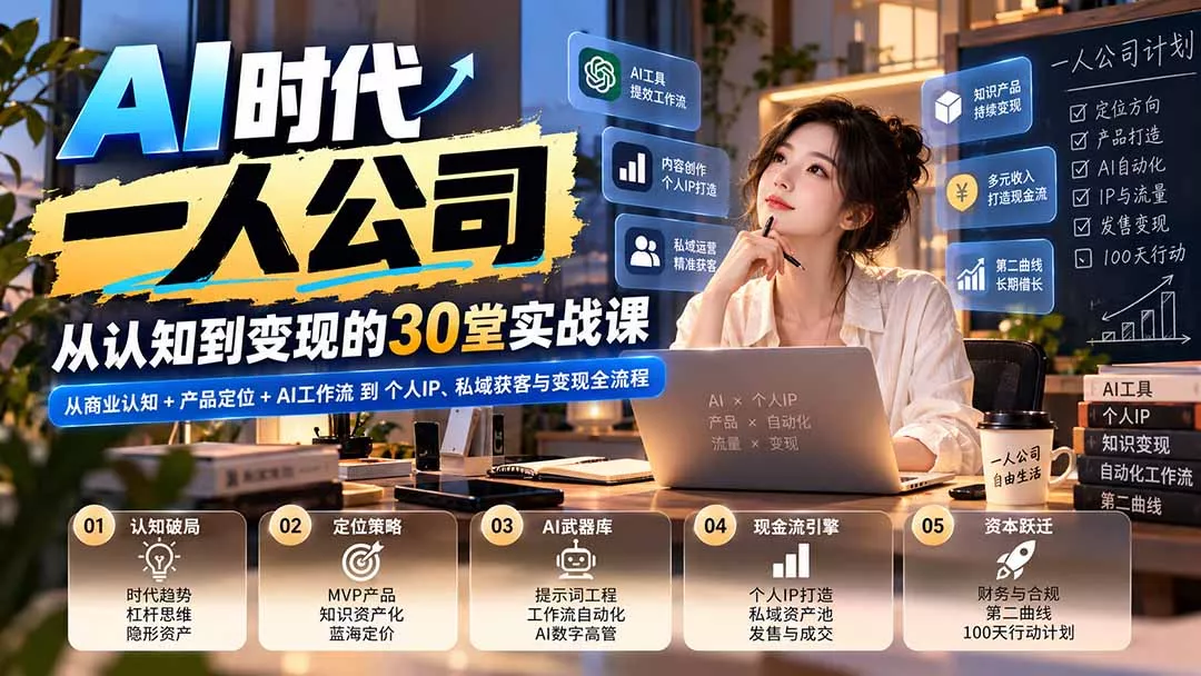 【无水印】AI时代一人公司30堂实战课：从商业认知+产品定位+AI工作流到个人IP、私域获客与变现全流程-2爱1学习资源网-伴学无忧