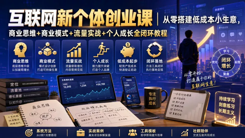 互联网新个体创业课｜从零搭建低成本小生意，商业思维+商业模式+流量实战+个人成长全闭环教程-2爱1学习资源网-伴学无忧