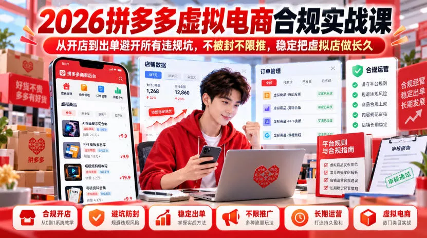 2026拼多多虚拟电商合规实战课，从开店到出单避开所有违规坑，不被封不限推，稳定把虚拟店做长久-2爱1学习资源网-伴学无忧