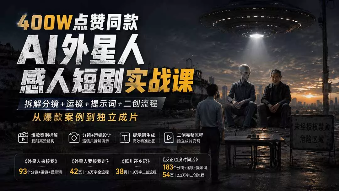 400W点赞同款AI外星人感人短剧实战课：拆解分镜+运镜+提示词+二创流程，从爆款案例到独立成片