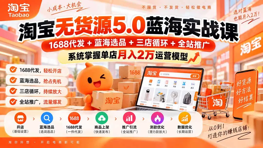 淘宝无货源5.0蓝海实战课-更新：1688代发+蓝海选品+三店循环+全站推广，系统掌握单店月入2万运营模型-2爱1学习资源网-伴学无忧