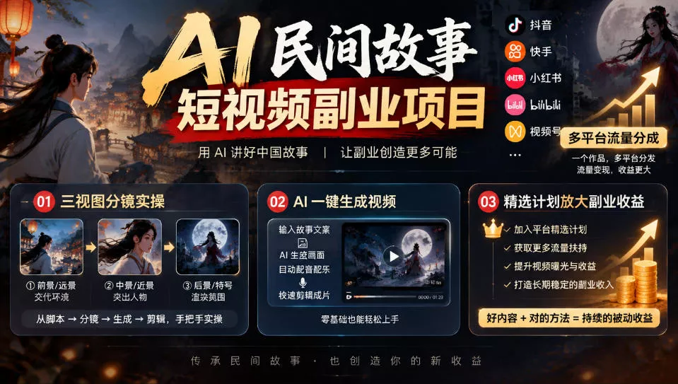 AI民间故事短视频副业项目,多平台流量分成,三视图分镜实操,精选计划放大副业收益 AI民间故事短视频副业项目,多平台流量分成,三视图分镜实操,精选计划放大副业收益