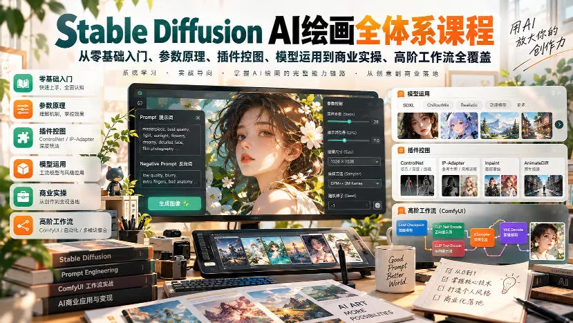 【无水印】Stable Diffusion AI绘画全体系课程，从零基础入门、参数原理、插件控图、模型运用到商业实操、高阶工作流全覆盖-2爱1学习资源网-伴学无忧