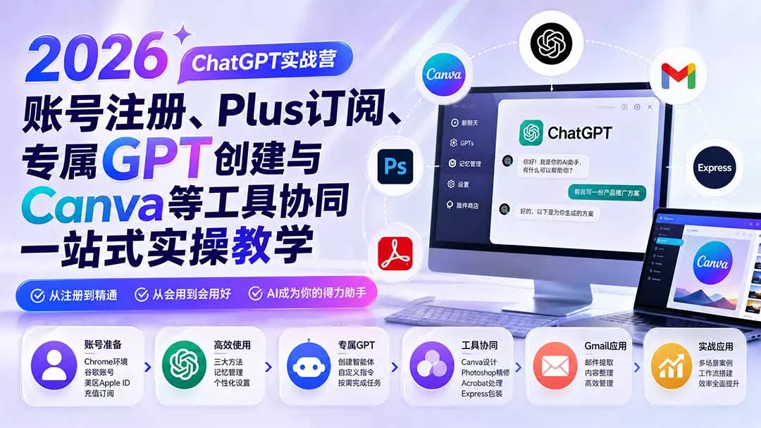 2026 ChatGPT实战营；账号注册、Plus订阅、专属GPT创建与Canva等工具协同一站式实操教学-2爱1学习资源网-伴学无忧