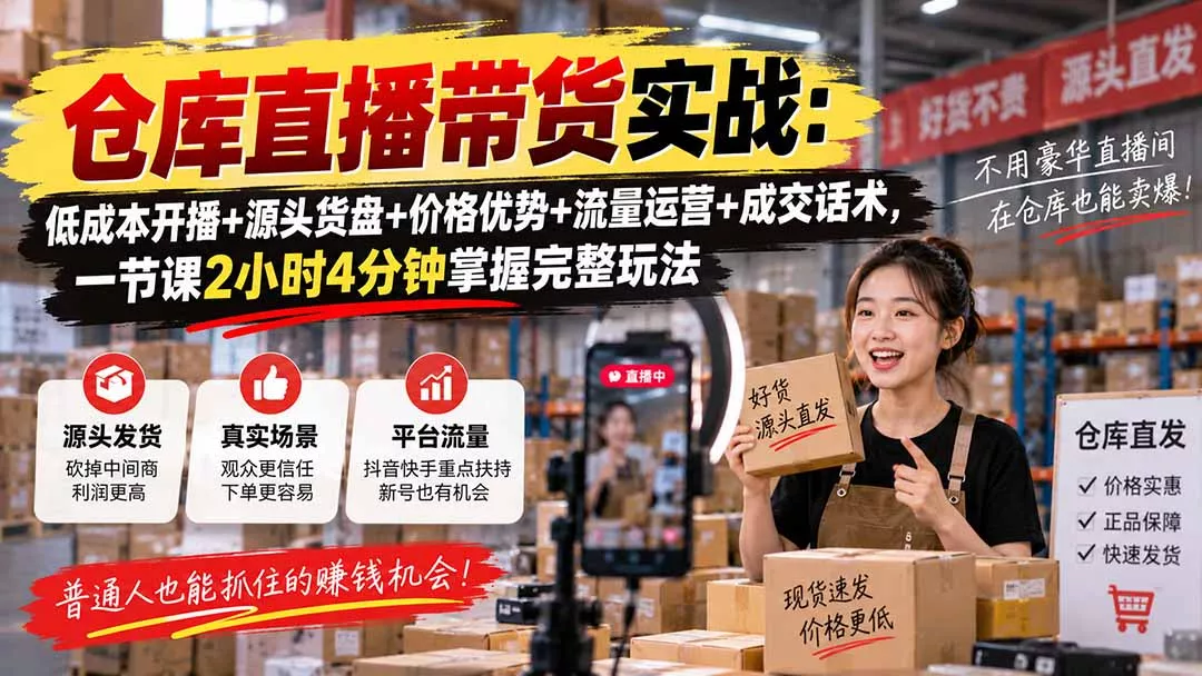 仓库直播带货实战：低成本开播+源头货盘+价格优势+流量运营+成交话术，一节课2小时4分钟掌握完整玩法-2爱1学习资源网-伴学无忧