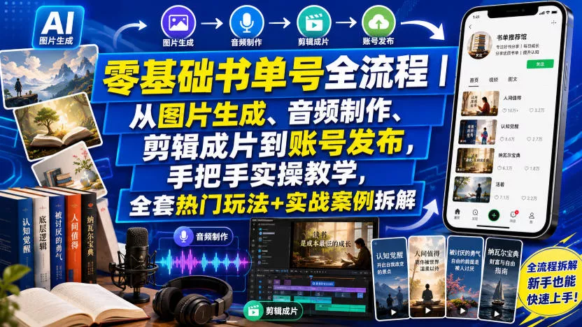 零基础书单号全流程｜从图片生成、音频制作、剪辑成片到账号发布，手把手实操教学，全套热门玩法+实战案例拆解-2爱1学习资源网-伴学无忧