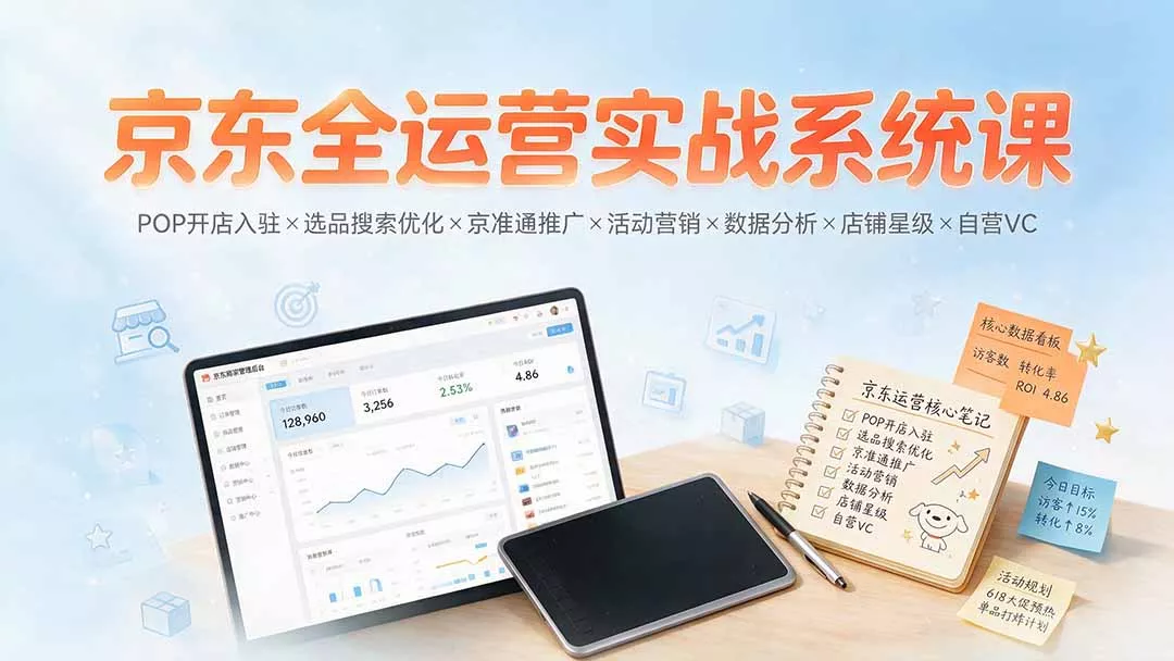 京东全运营实战系统课：POP开店入驻×选品搜索优化×京准通推广×活动营销×数据分析×店铺星级×自营VC-2爱1学习资源网-伴学无忧