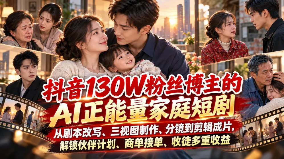 抖音130W粉丝博主的AI正能量家庭短剧，从剧本改写、三视图制作、分镜到剪辑成片，解锁伙伴计划、商单接单、收徒多重收益-2爱1学习资源网-伴学无忧