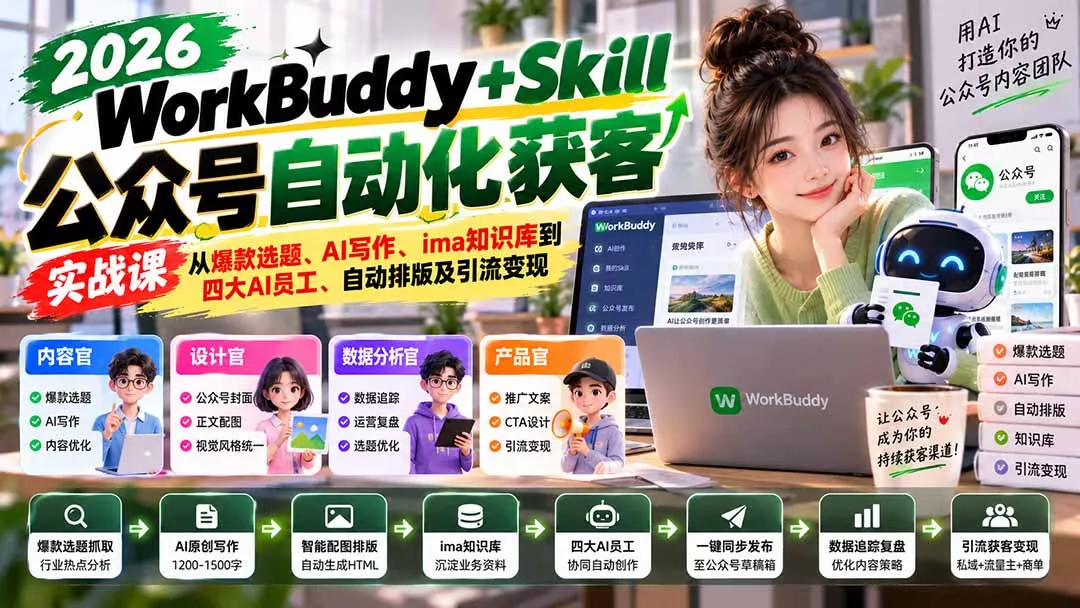 WorkBuddy + Skill公众号自动化获客实战课：从爆款选题、AI写作、ima知识库到四大AI员工、自动排版及引流变现
