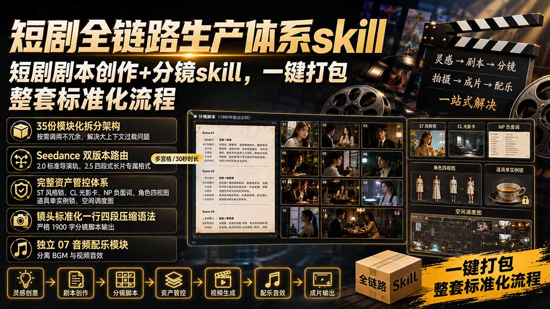 短剧全链路生产体系skill，短剧剧本创作+分镜skill，一键打包，整套标准化流程-2爱1学习资源网-伴学无忧