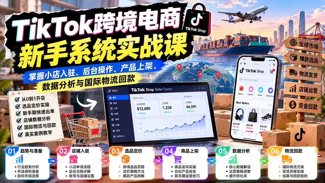 TikTok跨境电商新手系统实战课：掌握小店入驻、后台操作、产品上架、数据分析与国际物流回款-2爱1学习资源网-伴学无忧