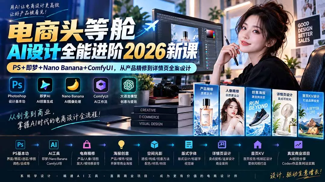 电商头等舱AI设计全能进阶2026新课：PS+即梦+Nano Banana+ComfyUI，从产品精修到详情页全案设计