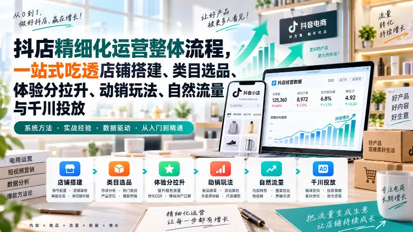 李哥电商-抖店精细化运营整体流程，一站式吃透店铺搭建、类目选品、体验分拉升、动销玩法、自然流量与千川投放-2爱1学习资源网-伴学无忧