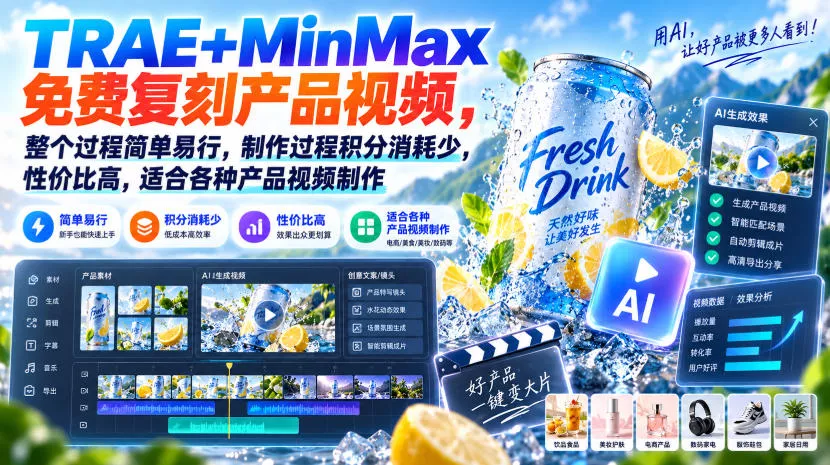 TRAE+MinMax免费复刻产品视频，整个过程简单易行，制作过程积分消耗少，性价比高，适合各种产品视频制作-2爱1学习资源网-伴学无忧