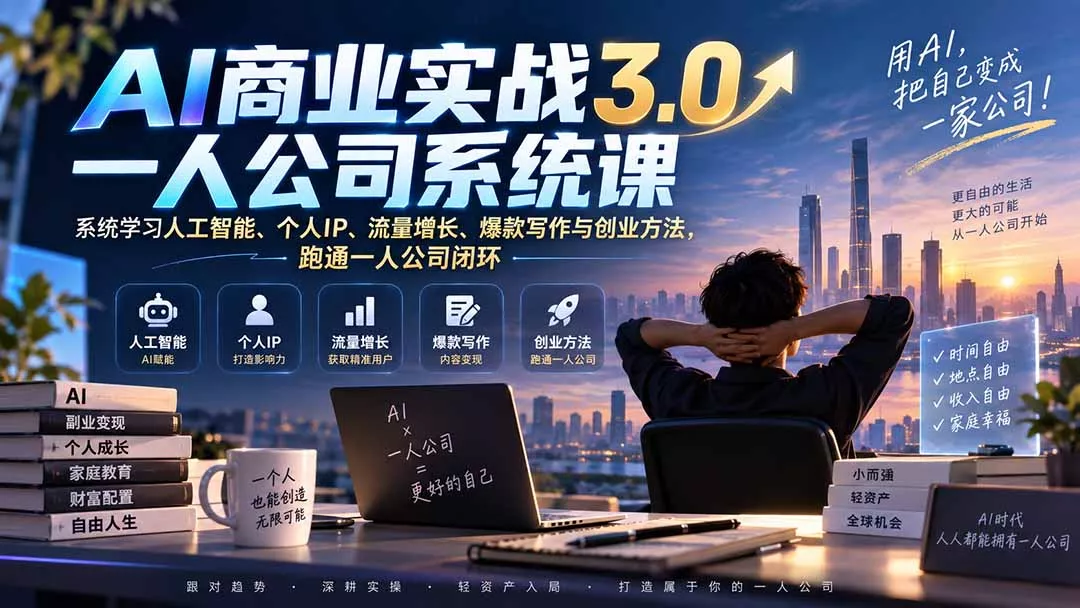 AI商业实战3.0一人公司系统课：系统学习人工智能、个人IP、流量增长、爆款写作与创业方法，跑通一人公司闭环-2爱1学习资源网-伴学无忧