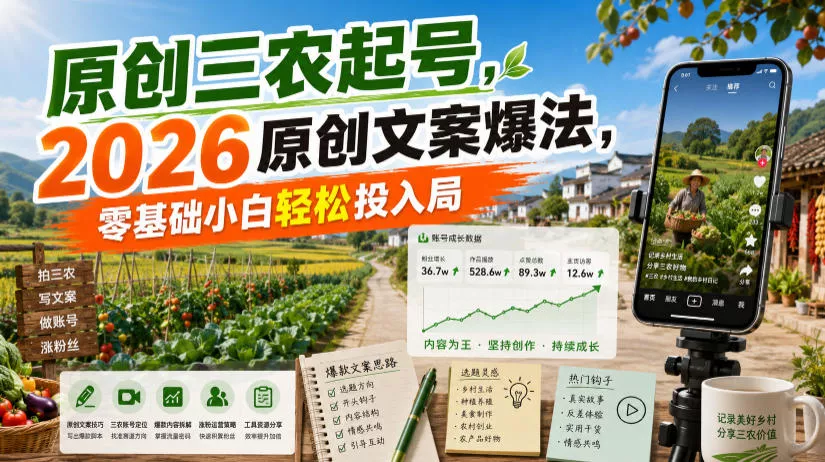 原创三农起号，2026原创文案爆法，零基础小白轻松投入局-2爱1学习资源网-伴学无忧