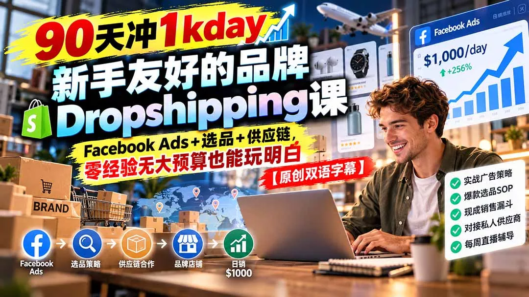 90天冲1kday 新手友好的品牌Dropshipping课：Facebook Ads+选品+供应链，零经验无大预算也能玩明白【原创双语字幕】-2爱1学习资源网-伴学无忧