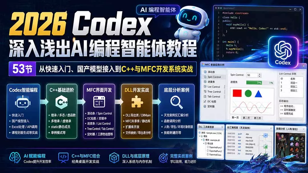 2026 Codex深入浅出AI编程智能体教程:53节从快速入门、国产模型接入到C++与MFC开发系统实战-2爱1学习资源网-伴学无忧