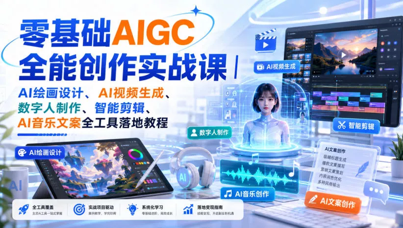 零基础AIGC全能创作实战课｜AI绘画设计、AI视频生成、数字人制作、智能剪辑、AI音乐文案全工具落地教程-2爱1学习资源网-伴学无忧