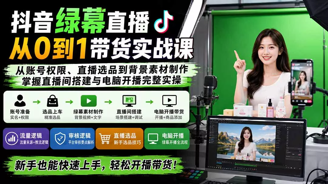 抖音绿幕直播从0到1带货实战课:从账号权限、直播选品到背景素材制作,掌握直播间搭建与电脑开播完整实操-2爱1学习资源网-伴学无忧