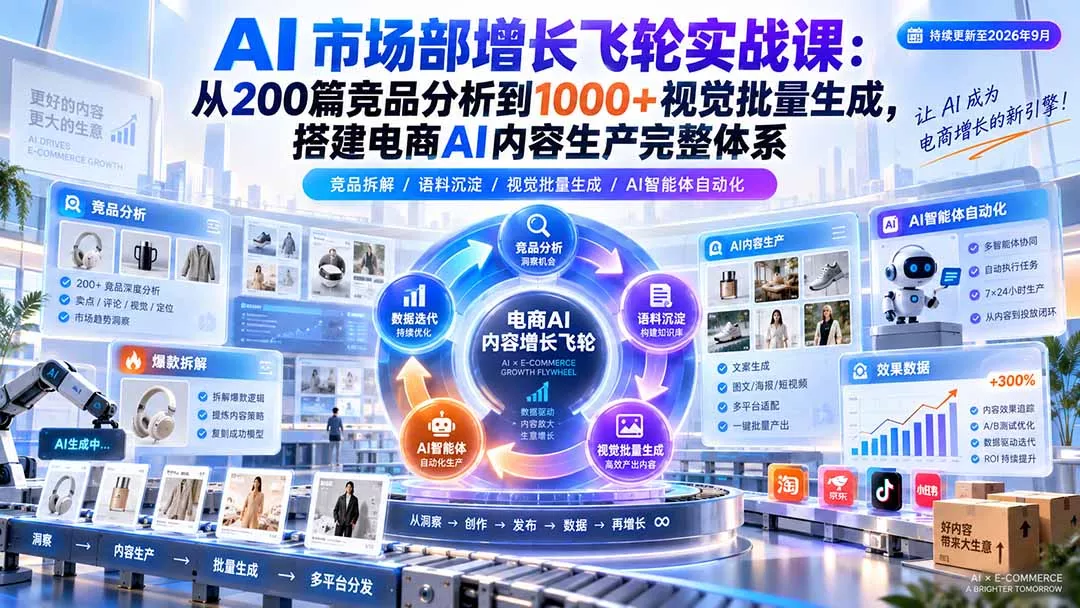 AI 市场部增长飞轮实战课：从200篇竞品分析到1000+视觉批量生成，搭建电商AI内容生产完整体系-2爱1学习资源网-伴学无忧