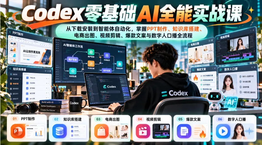 Codex零基础AI全能实战课：从下载安装到智能体自动化，掌握知识库搭建、电商出图、视频剪辑、爆款文案与数字人口播全流程-2爱1学习资源网-伴学无忧