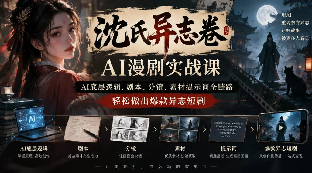 沈氏异志卷AI漫剧实战课｜AI底层逻辑、剧本、分镜、素材提示词全链路，轻松做出爆款异志短剧-2爱1学习资源网-伴学无忧