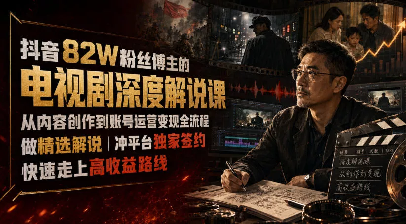 抖音82W粉丝博主的电视剧深度解说课，从内容创作到账号运营变现全流程，做精选解说，冲平台独家签约，快速走上高收益路线-2爱1学习资源网-伴学无忧
