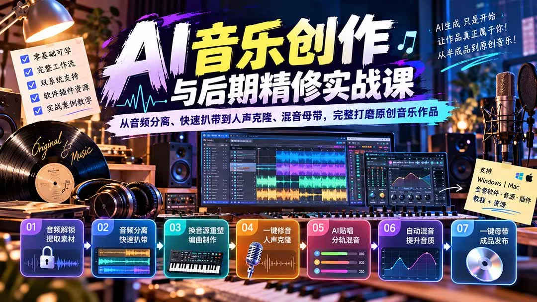 AI音乐创作与后期精修实战课：从音频分离、快速扒带到人声克隆、混音母带，完整打磨原创音乐作品-2爱1学习资源网-伴学无忧