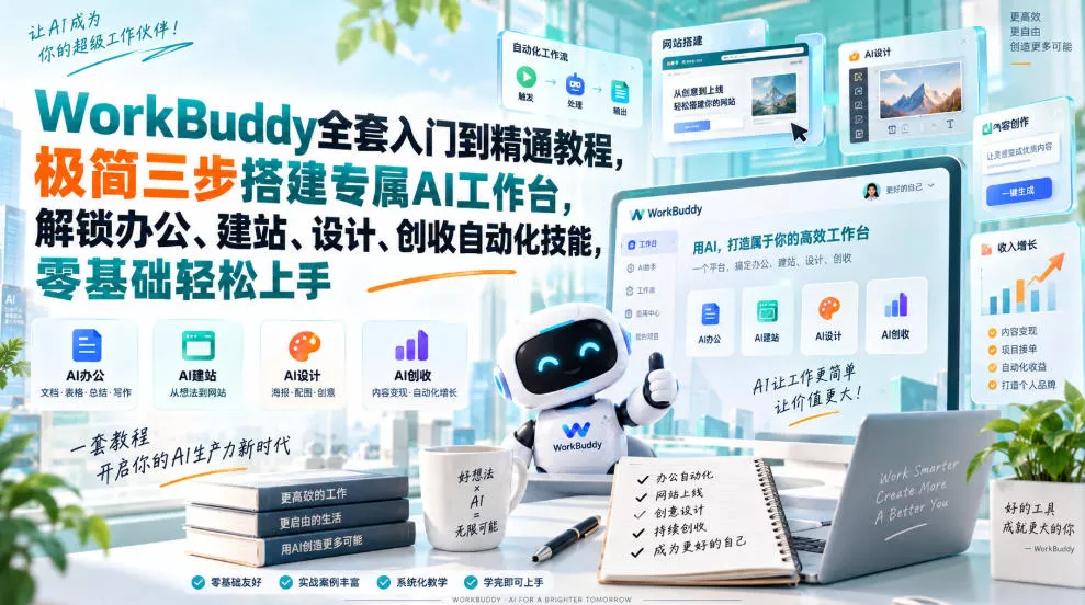 WorkBuddy全套入门到精通教程，极简三步搭建专属AI工作台，解锁办公、建站、设计、创收自动化技能，零基础轻松上手-2爱1学习资源网-伴学无忧