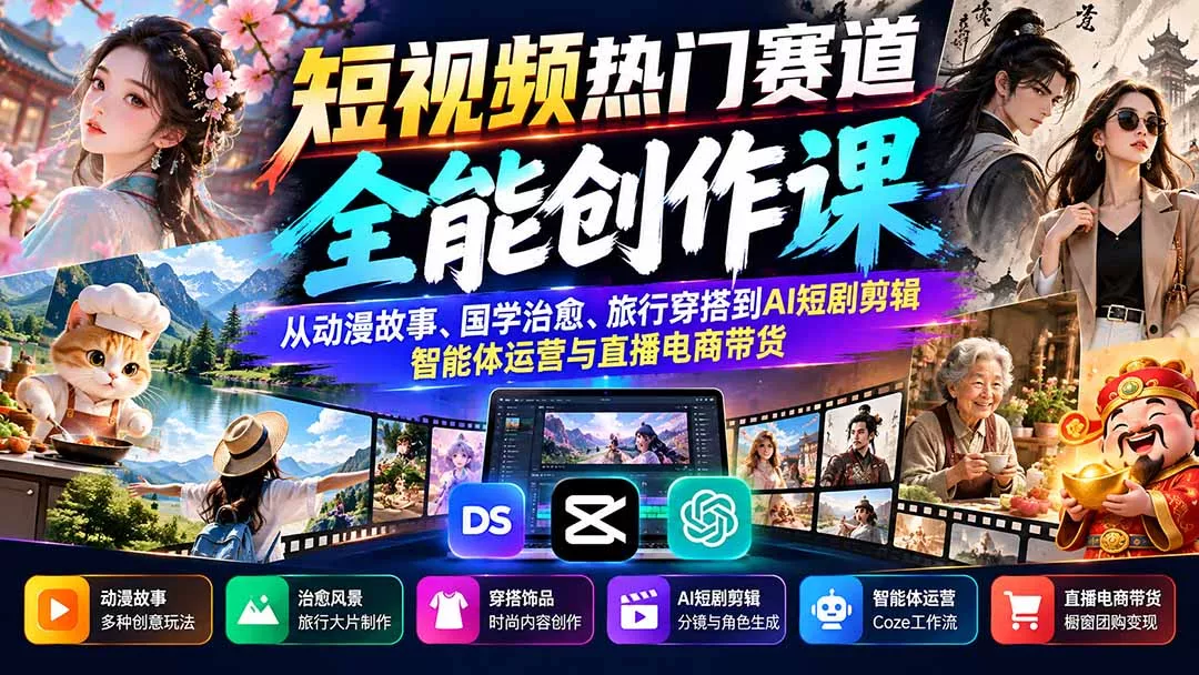 短视频热门赛道全能创作课:从动漫故事、国学治愈、旅行穿搭到AI短剧剪辑、智能体运营与直播电商带货-2爱1学习资源网-伴学无忧