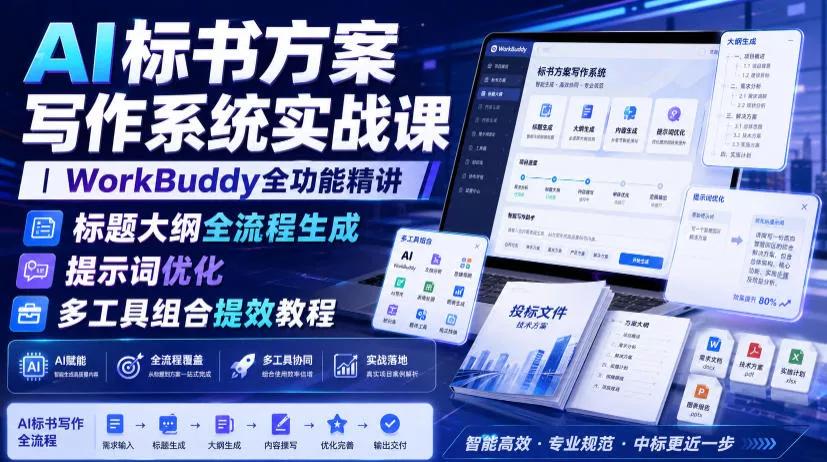 AI标书方案写作系统实战课｜WorkBuddy全功能精讲・标题大纲全流程生成・提示词优化・多工具组合提效教程-2爱1学习资源网-伴学无忧
