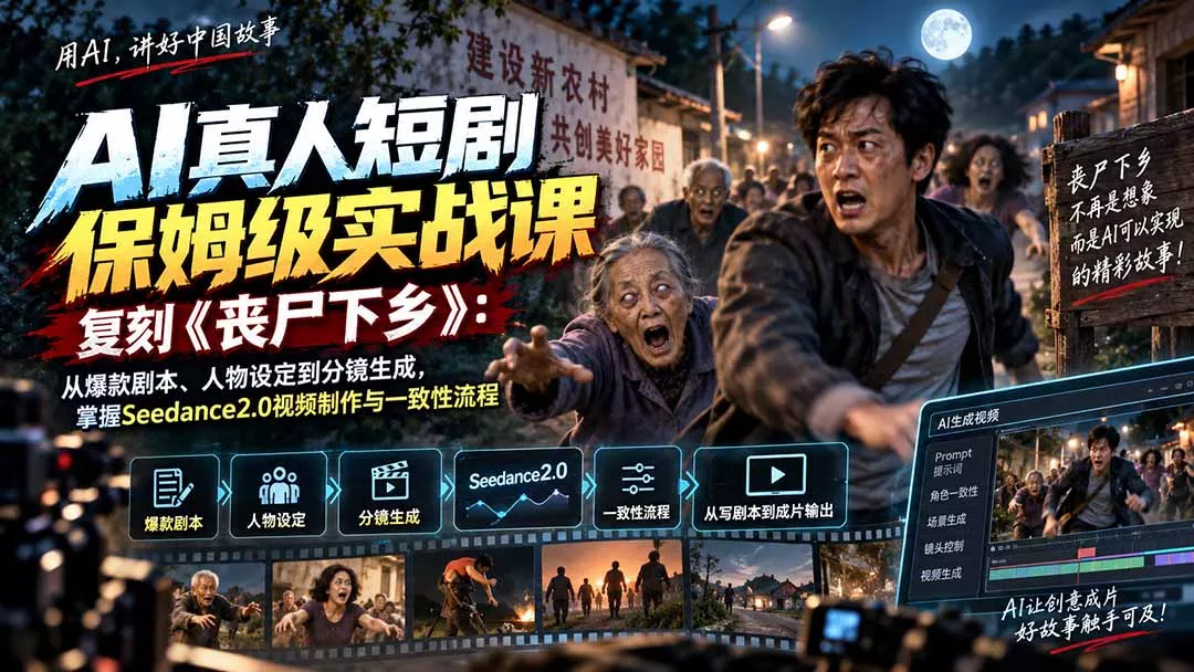 AI真人短剧保姆级实战课，复刻《丧尸下乡》：从爆款剧本、人物设定到分镜生成，掌握Seedance2.0视频制作与一致性流程-2爱1学习资源网-伴学无忧