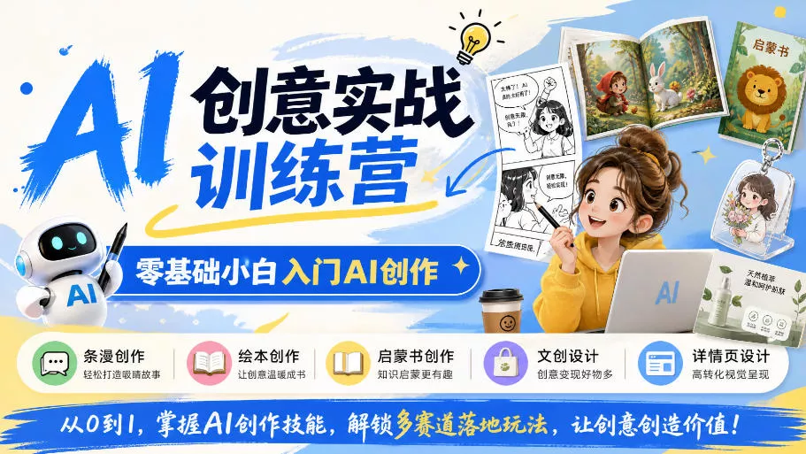 AI创意实战训练营，零基础小白入门AI创作，解锁条漫、绘本、启蒙书、文创、详情页多赛道落地玩法-2爱1学习资源网-伴学无忧