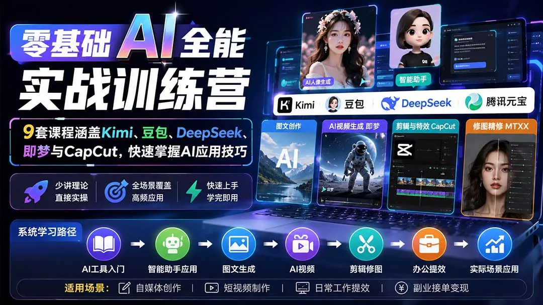 零基础AI全能实战训练营：9套课程涵盖Kimi、豆包、DeepSeek、即梦与CapCut，快速掌握AI应用技巧-2爱1学习资源网-伴学无忧