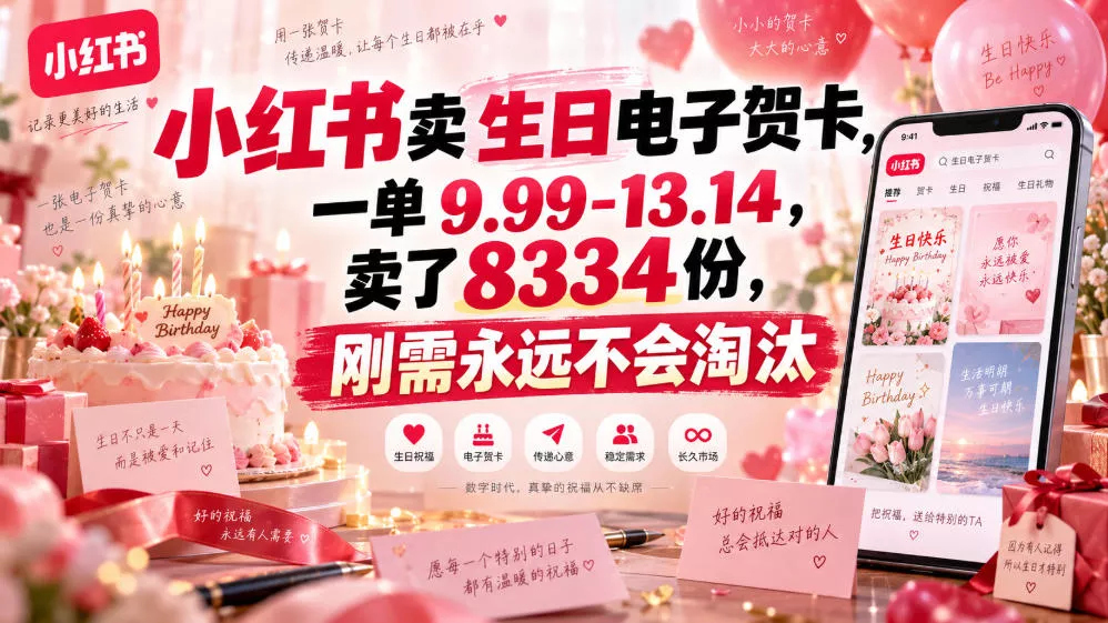 小红书卖生日电子贺卡，一单9.99-13.14，卖了8334份，刚需永远不会淘汰-2爱1学习资源网-伴学无忧